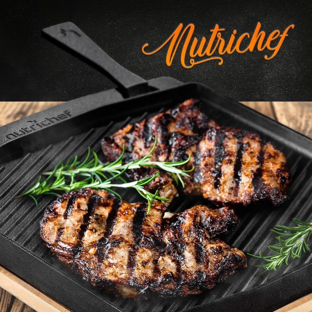 Cast Iron Reversible Grill Plate with Removable Handles - Square Griddle Skillet for Stove Top, Flat & Grill Side, Oven Safe, Includes Wood Base