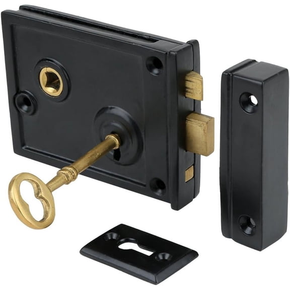 Cast Iron Rim Lock Heavy Duty, Weather and Rust Resistant, Manual Latch for French & Screen Doors, Easy Install Hardware Included - Black Powder Coat Finish, Compact Size, 3.8" x 3.8", Vertical