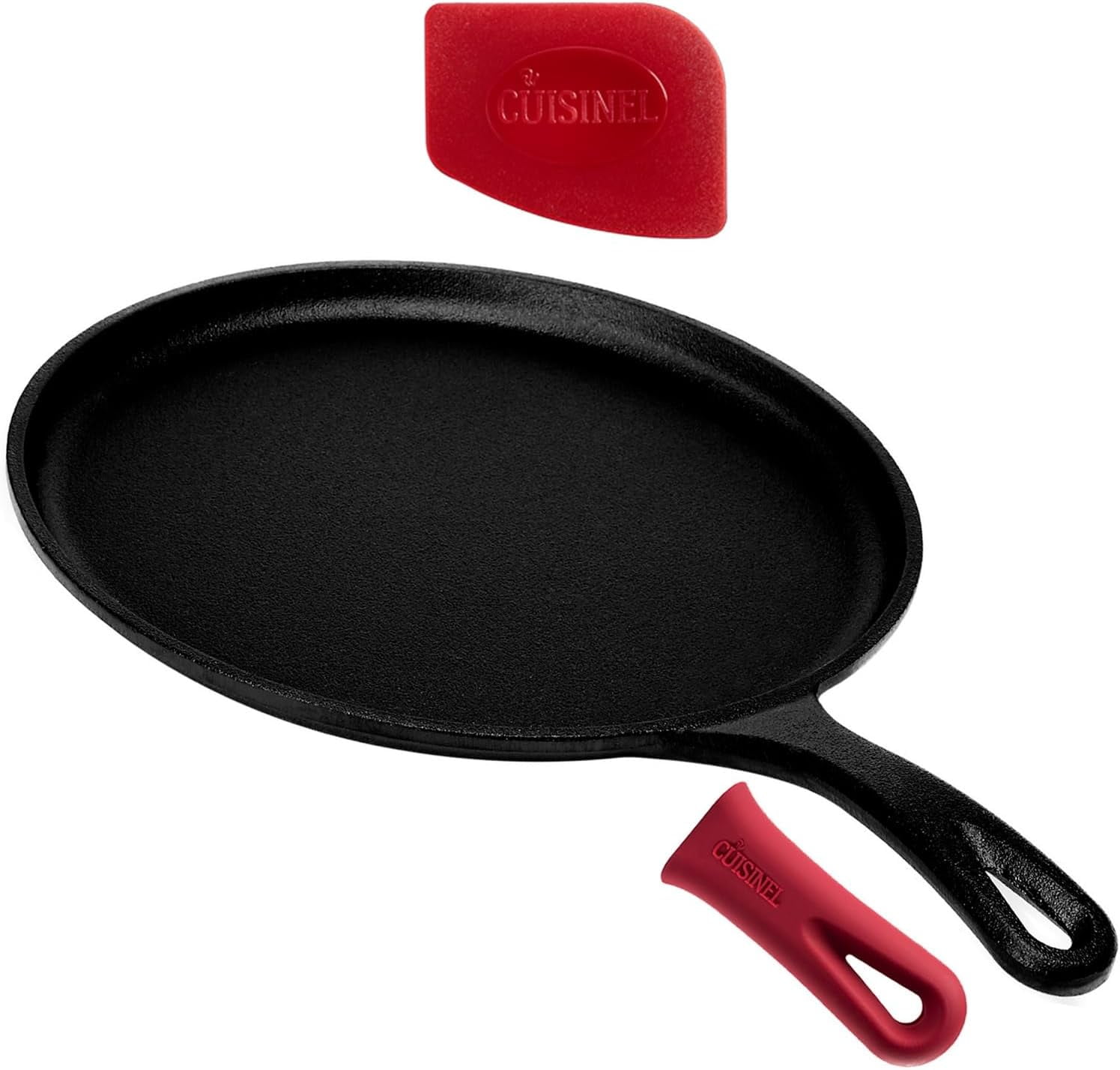 Cast Iron Round Griddle 10.5 Crepe Maker Pan + Silicone Handle Cover