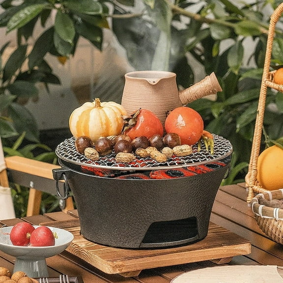 Cast Iron Round Hibachi Charcoal Grill | Portable Outdoor BBQ for Camping Picnics & Backyard | 9-Inch Diameter Black Iron Construction | Eco-Friendly Fuel Options