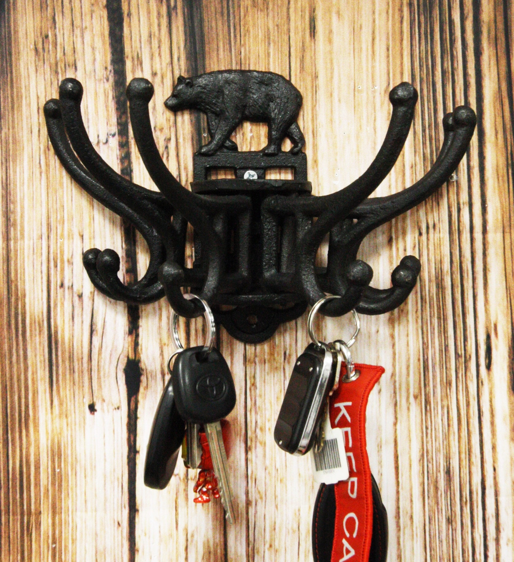 Rustic Black Cast Iron Bear Wall Hook with Pivoting Hooks
