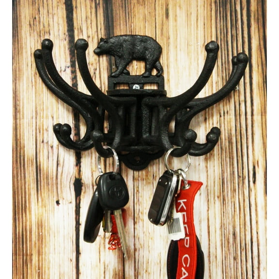 Cast Iron Rustic Forest Black Bear Free Spinning Wall Hanging Coat Hooks 9"Wide