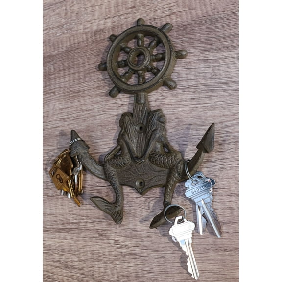 Cast Iron Rustic Nautical Mermaids On Ship Anchor And Helm Double Wall Hooks