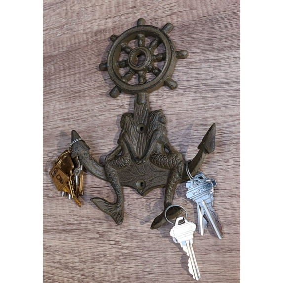 Cast Iron Rustic Nautical Mermaids On Ship Anchor And Helm Double Wall Hooks
