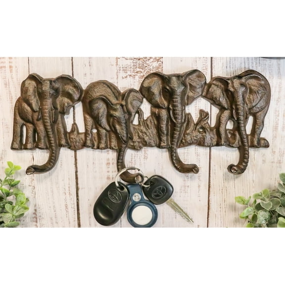 Cast Iron Rustic Safari Elephants With Long Trunks 4-Pegs Wall Hook Sculpture