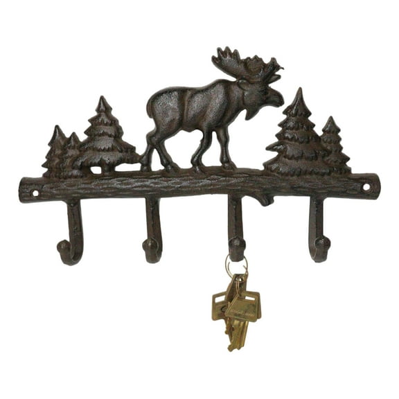 Cast Iron Rustic Western Elk Moose Deer Roaming Pine Woodlands 4-Peg Wall Hooks