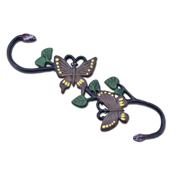 Cast Iron S Style Plant Hook Brown & Yellow Butterflies 11.75" Long by Flag Emotes
