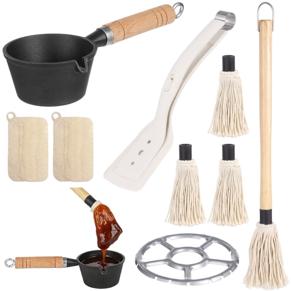 Cast Iron Sauce Pot with BBQ Basting Mop Brush, Includes 4.3 in Melting Pot with Rack, 3 Refills and Loofah Sponges, Versatile Barbecue Accessories for Meat Smoker, Grill and Stove