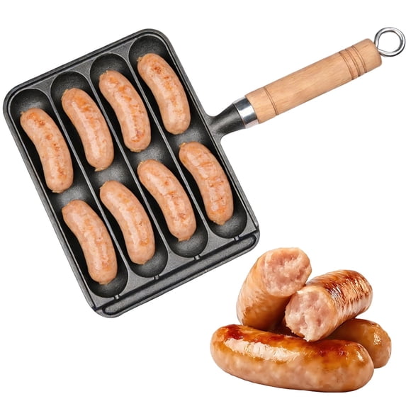 Cast Iron Sausage Grill Pan Non-Stick Baking Tray with Anti-Scald Wooden Handle Household Hot Dog Grill Pan