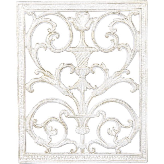 Cast Iron Scroll Wall Decor, Flower Carved Artwork, 12x15 Inch Intricate and Pretty Plaque, Living Room, Bedroom Decorations, Antique Green with Gold Accent