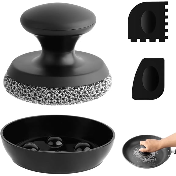 Cast Iron Scrubber Cleaner, Chainmail Scrubber for Cast Iron Pan Skillet, Dish Scouring Pad, 316 Stainless Steel Brush/Scraper for Metal Skillet Scrubbing, Wok, Dutch Oven Cleaning Kit - Thin Mesh