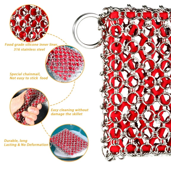 Cast Iron Scrubber Cleaners, Skillet Chainmail Scrubber for Cast Iron Pan, Metal Scrubber Cast Iron Skillet Cleaner for Wok, frying pans, Dutch Oven Cleaning Scrubber, Red
