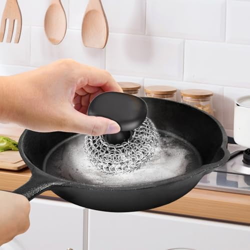 Cast Iron Scrubber | Dish Scrub Brush | 316 Cleaner Chainmail Scrubber for Cast Iron Pan Skillet Cleaner - Dish Scouring Pad Dishwasher Safe Cleaning Kit, Black 02