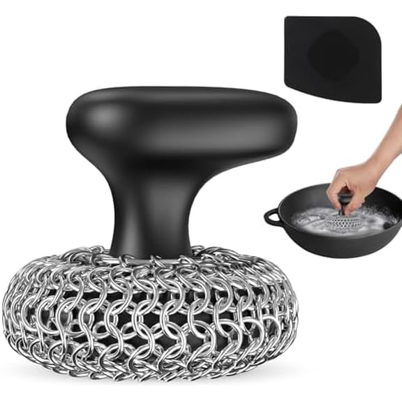 Cast Iron Scrubber | Dish Scrub Brush | 316 Cleaner Chainmail Scrubber for Cast Iron Pan Skillet Cleaner - Dish Scouring Pad Dishwasher Safe Cleaning Kit, Black 02