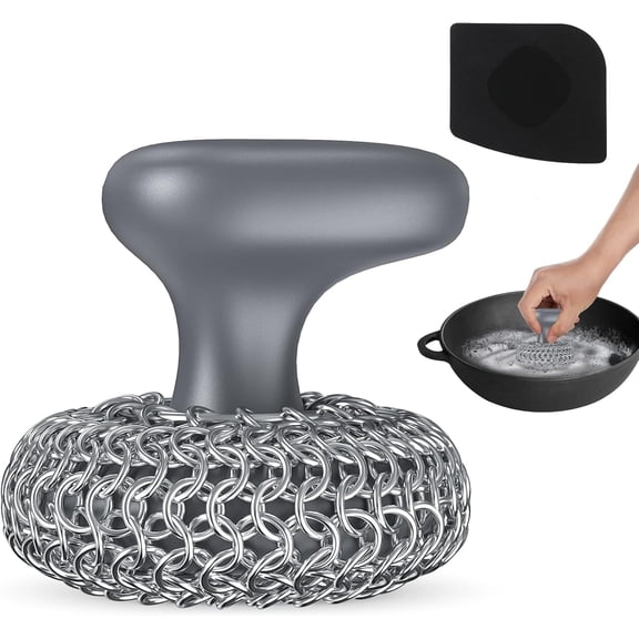 Cast Iron Scrubber | Dish Scrub Brush | 316 Cleaner Chainmail Scrubber for Cast Iron Pan Skillet Cleaner - Dish Scouring Pad Dishwasher Safe Cleaning Kit, Grey 02