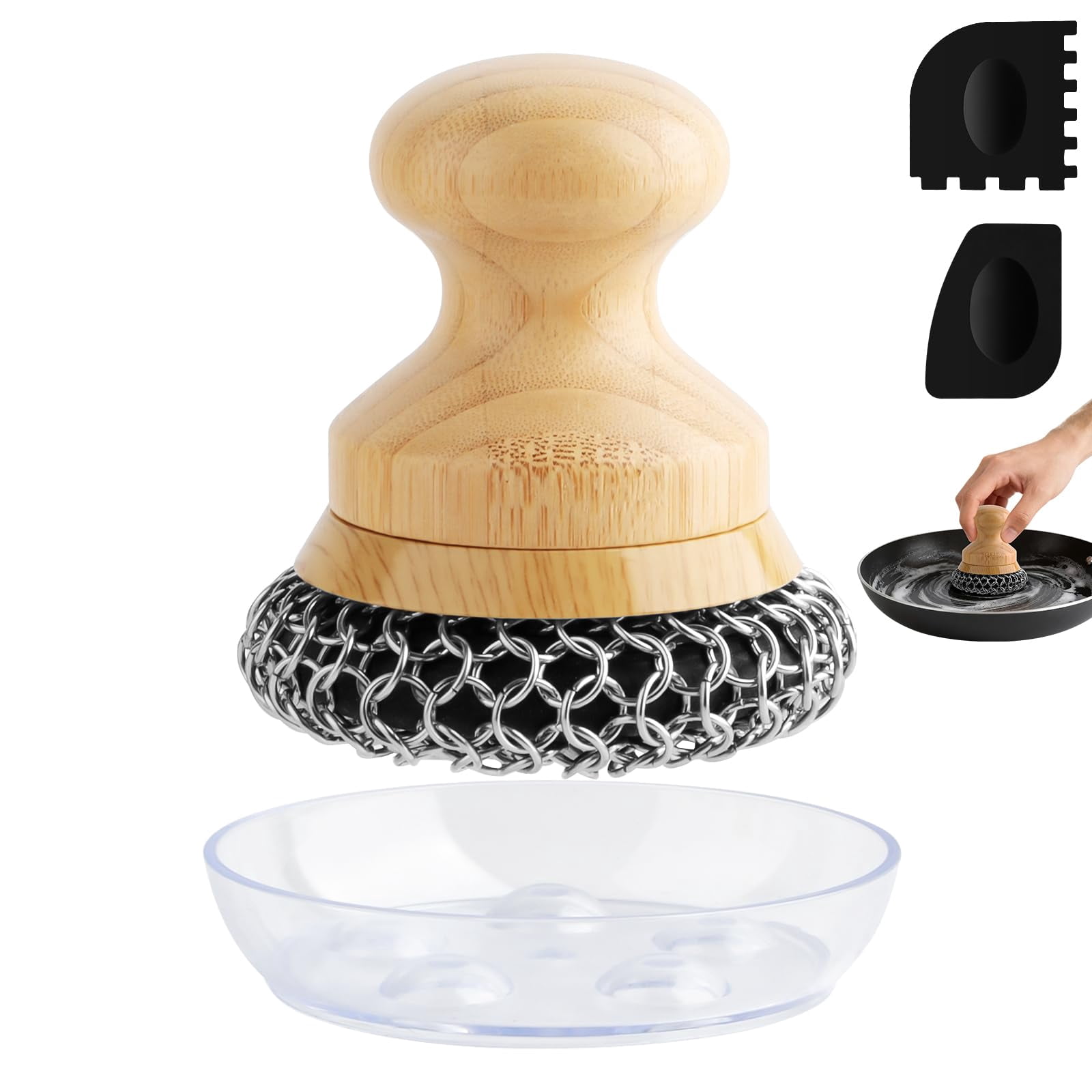 Cast Iron Scrubber and Scraper,Chain Mail Cleaner with Bamboo Handle & Draining Tray,316 Stainless Steel Brush for Cleaning Pots,Pans,Wok,Bakeware,Griddles, Grills,Dishes (Small Chain Mail)