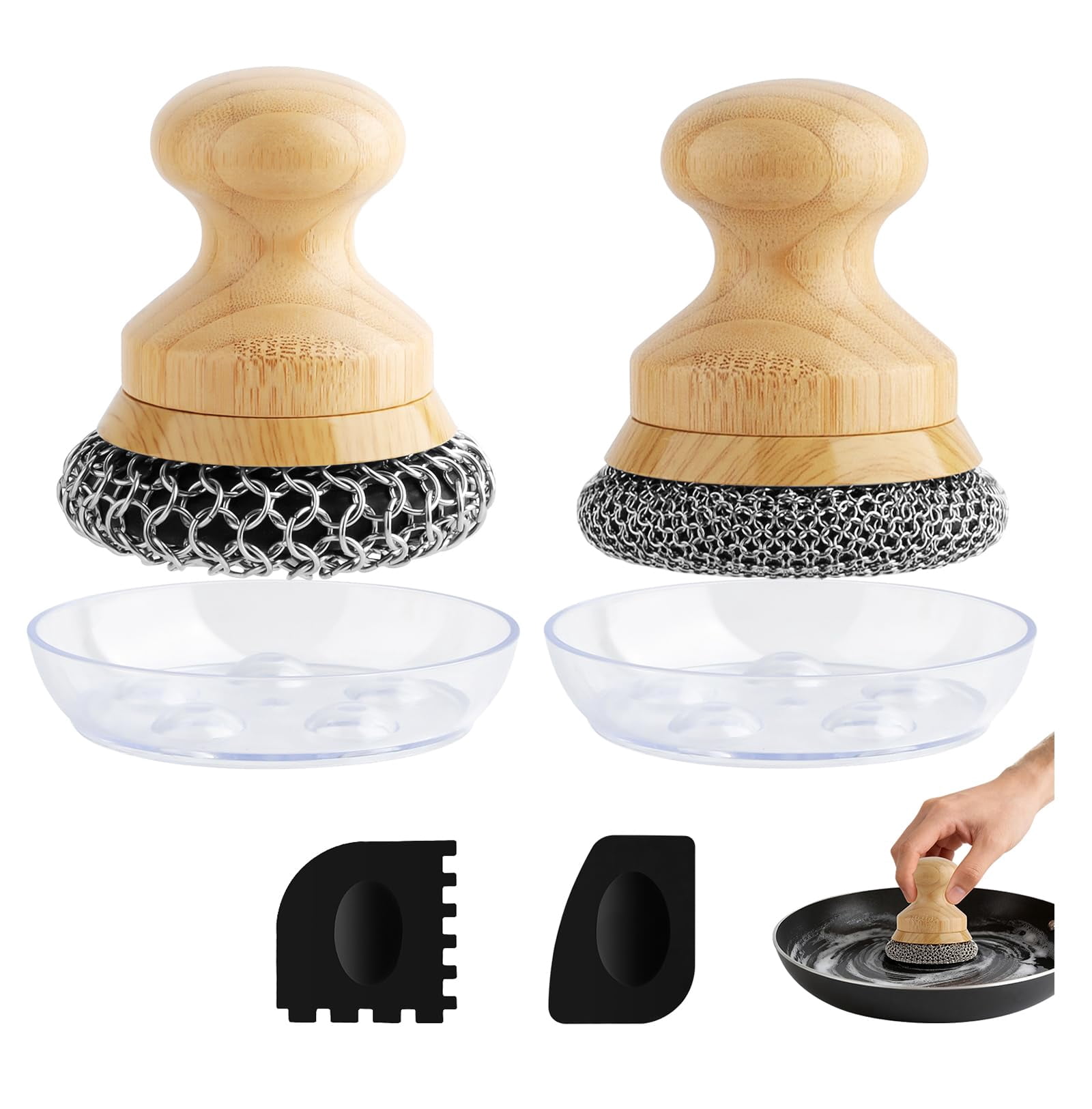 Cast Iron Scrubber and Scraper,Chain Mail Cleaner with Bamboo Handle & Draining Tray,316 Stainless Steel Brush for Cleaning Pots,Pans,Wok,Bakeware,Griddles, Grills,Dishes (Small Chain Mail)