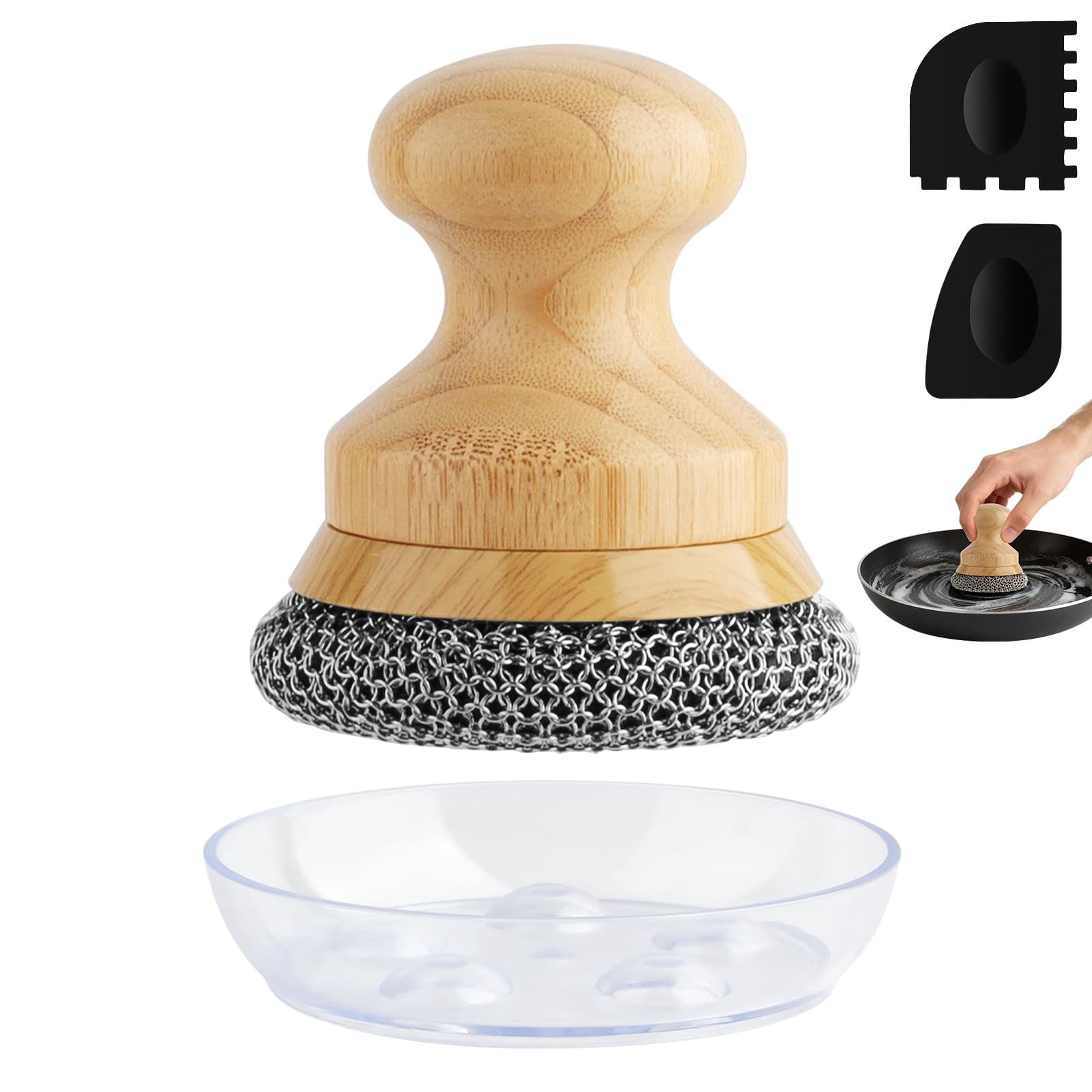 Cast Iron Scrubber and Scraper,Chain Mail Cleaner with Bamboo Handle & Draining Tray,316 Stainless Steel Brush for Cleaning Pots,Pans,Wok,Bakeware,Griddles, Grills,Dishes (Small Chain Mail)