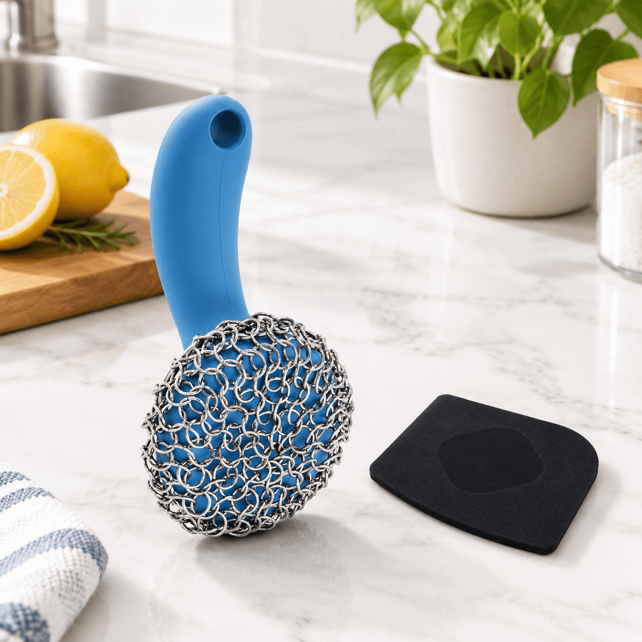 Cast Iron Scrubber With Long Handle Dish Scouring Pad Chainmailner ...