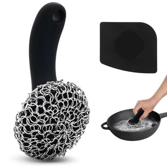 Cast Iron Scrubber with Long Handle Dish Scouring Pad Chainmail Cleaner