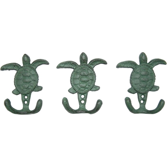 Cast Iron Sea Turtle Wall Hooks, Verdigris Green, Set of 3, Nautical Decor, 4 Inches