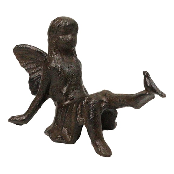 Cast Iron Sitting Whimsical Fairy With Bird On Her Feet Small Sculpture 5.75"L