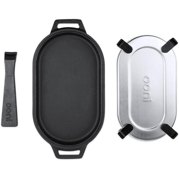 Cast Iron Sizzler Pan Griddle Frying Pan 12 x 6 Inches with Removable Handle and Stainless Steel Trivet Pre Seasoned Oven Safe