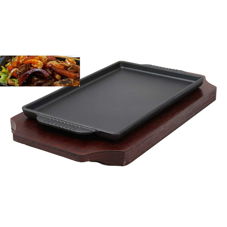 FMC Fuji Merchandise Cast Iron Steak Plate Sizzle Griddle with Wooden Base Steak Pan Grill Fajita Server Plate Restaurant or Home Use (7.5 x 4.75)