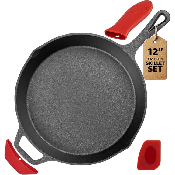 Cast Iron Skillet 12 Inch - Professional Pre-Seasoned Heavy-Duty Frying Pan Cookware with Scraper & Handle Sleeve for Frying, Sauting, Cooking, Baking.