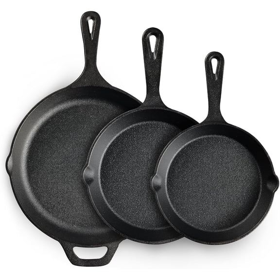 Cast Iron Skillet 3-Piece Set, Heavy-Duty Professional Restaurant Chef Quality Pre-Seasoned Pan Cookware 6", 8", 10" Pans For Frying, Saute, Cooking, Use Indoor/Outdoor, Oven, Grill