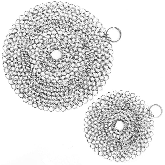 Cast Iron Skillet Cleaner Chainmail,2 Pack Premium Stainless Steel Chain Maille Scrubber for Cast Iron Pans,Stainless Steel,Glassware (7IN &5IN Round)