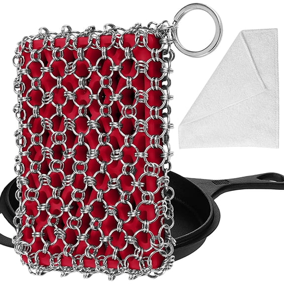 Cast Iron Skillet Cleaner Scrubber, Upgraded Chainmail Scrubber for Cast Iron Pan 316 Chain Pan Pot Scrubber Chain Maille Scrub for Castiron Metal Scrubber Wok Skillet Accessories Cleaning Kit