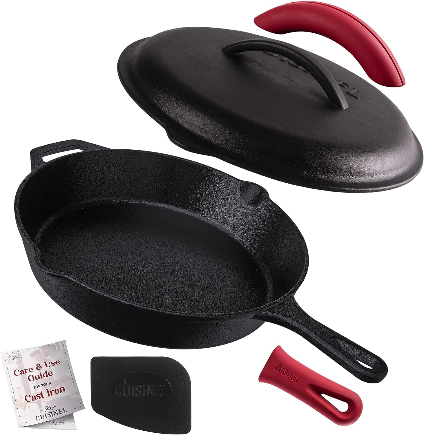 Cast Iron Skillet with Lid - 12-inch Pre-Seasoned Covered Frying Pan Set +  Silicone Handle & Lid Holders + Scraper/Cleaner - Indoor/Outdoor, Oven,  Stovetop, Camping Fire, Grill Safe Kitchen Cookware 