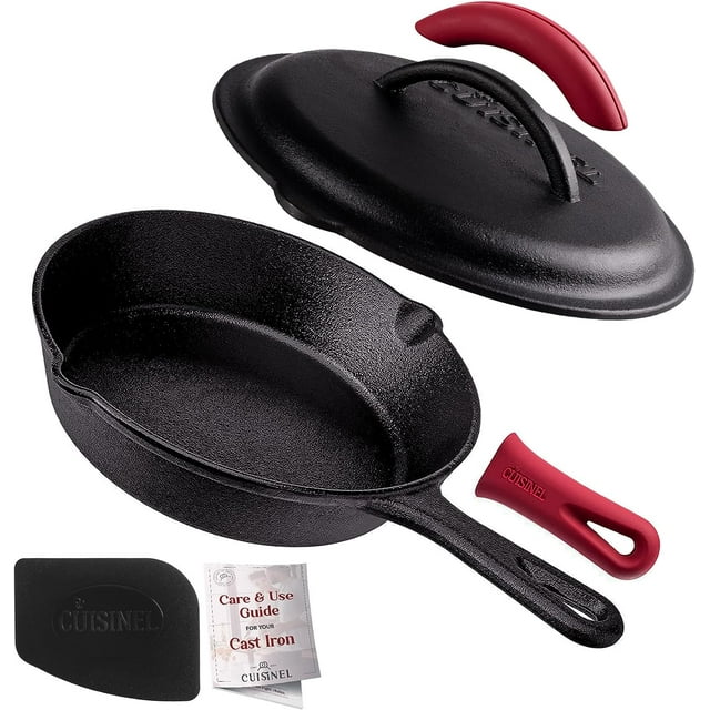 "8"" Cast Iron Skillet Set with Lid, Silicone Handle, Lid Holders