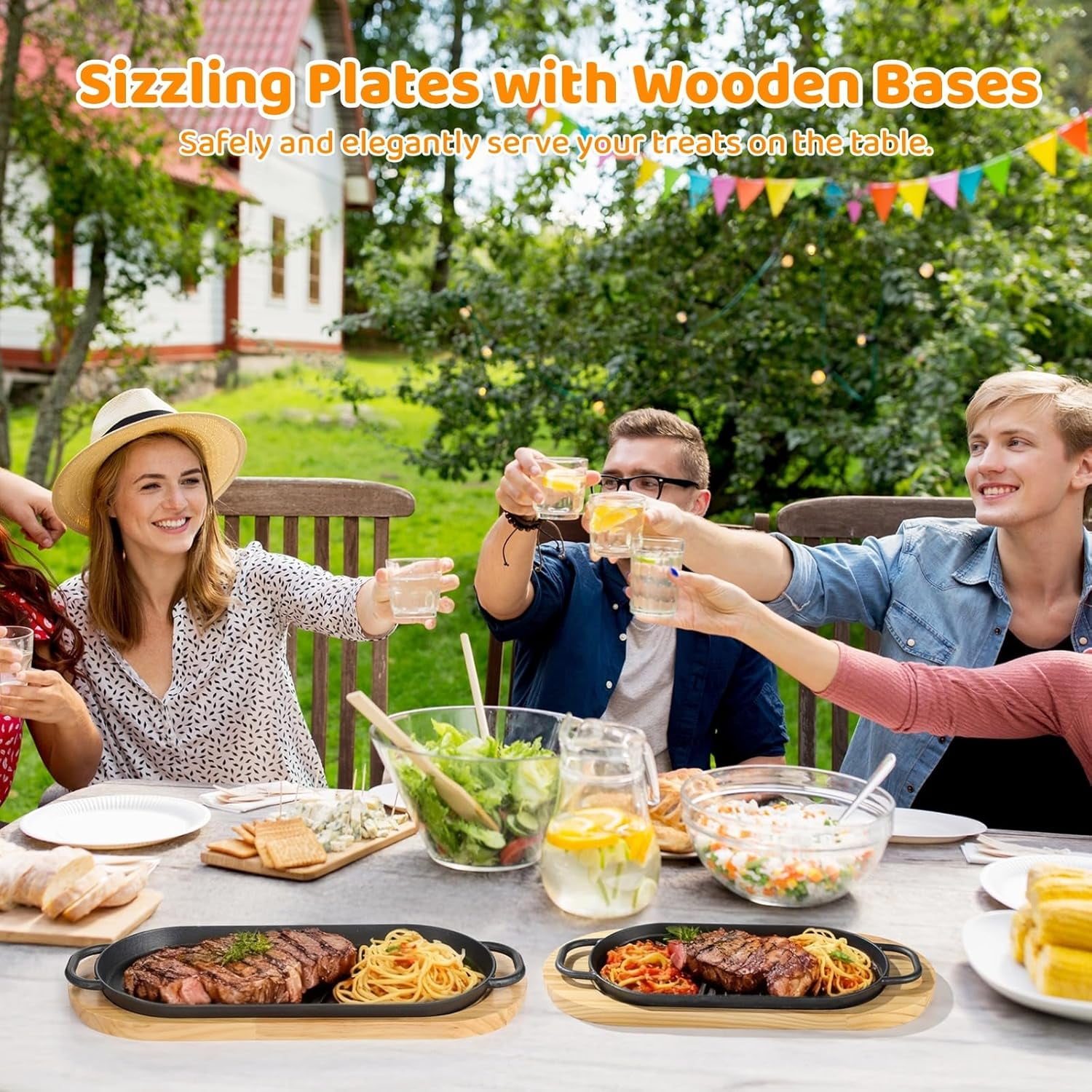 Cast Iron Skillet Set 2 PCS Fajita Plate Sizzling Pan with Wooden Base Removable Handle for Outdoor Grilling BBQ Kitchen Cooking