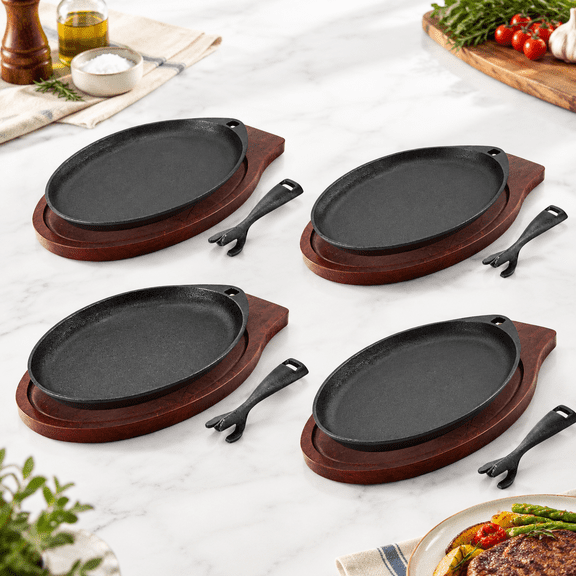 Cast Iron Skillet Set with Wooden Trays, Removable Handles, 4 Pieces for Kitchen and Barbeque