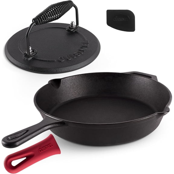 Cast Iron Skillet and Grill Press Set 12 Inch with 7 Inch Burger Smasher