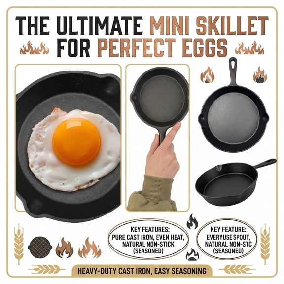 Cast Iron Skillet with Iron Handle Small Nonstick Frying Pan for Eggs and Searing Durable Mini Cookware for Induction 4 Inch