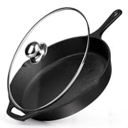 Cast Iron Skillet with Lid, AOKIWO 12 Pre-Seasoned Covered Frying Pan, Indoor/Outdoor Glass Cover Cookware Set for Grill, BBQ, Stovetop, Oven Safe