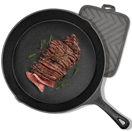 TINANA 12 inch Pre-Seasoned Cast Iron Skillet with Handle and Dual-Use Insulating Pad