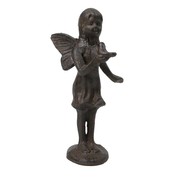 Cast Iron Small Whimsical Fairy Talking With Bird Decorative Sculpture 6.5"H