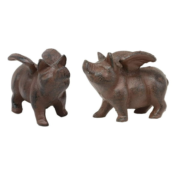 Cast Iron Small Whimsical Flying Pig Angel Hog Statue Paperweight Decor Set of 2