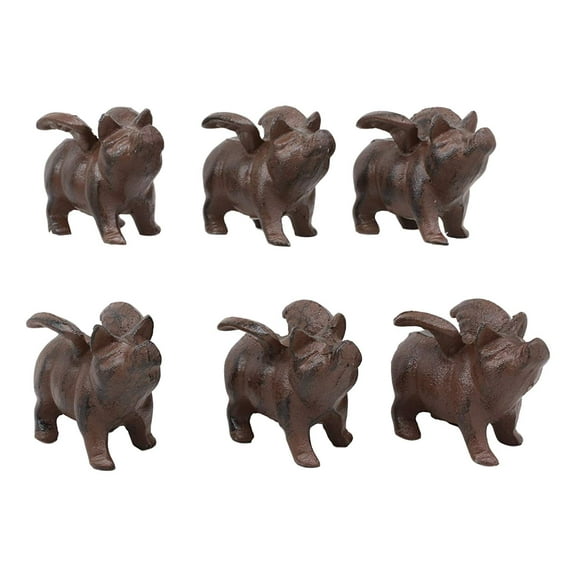 Cast Iron Small Whimsical Flying Pig Angel Hog Statue Paperweight Decor Set of 6