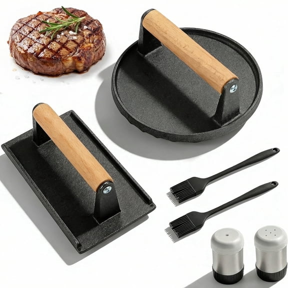 Cast Iron Smash Bacon Press Meat Steak with Wood Handle, Heavy Duty Round & Rectangular, Grill Press for Sandwich, Paninis, Burger Press, Send Goods from Local Warehouse