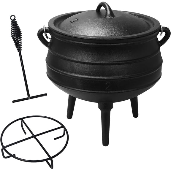 Cast Iron South Potjie Cauldron 6 Qt 3-Legged Dutch Oven with Lid, Pre-Seasoned Outdoor Campfire Cooking Pot