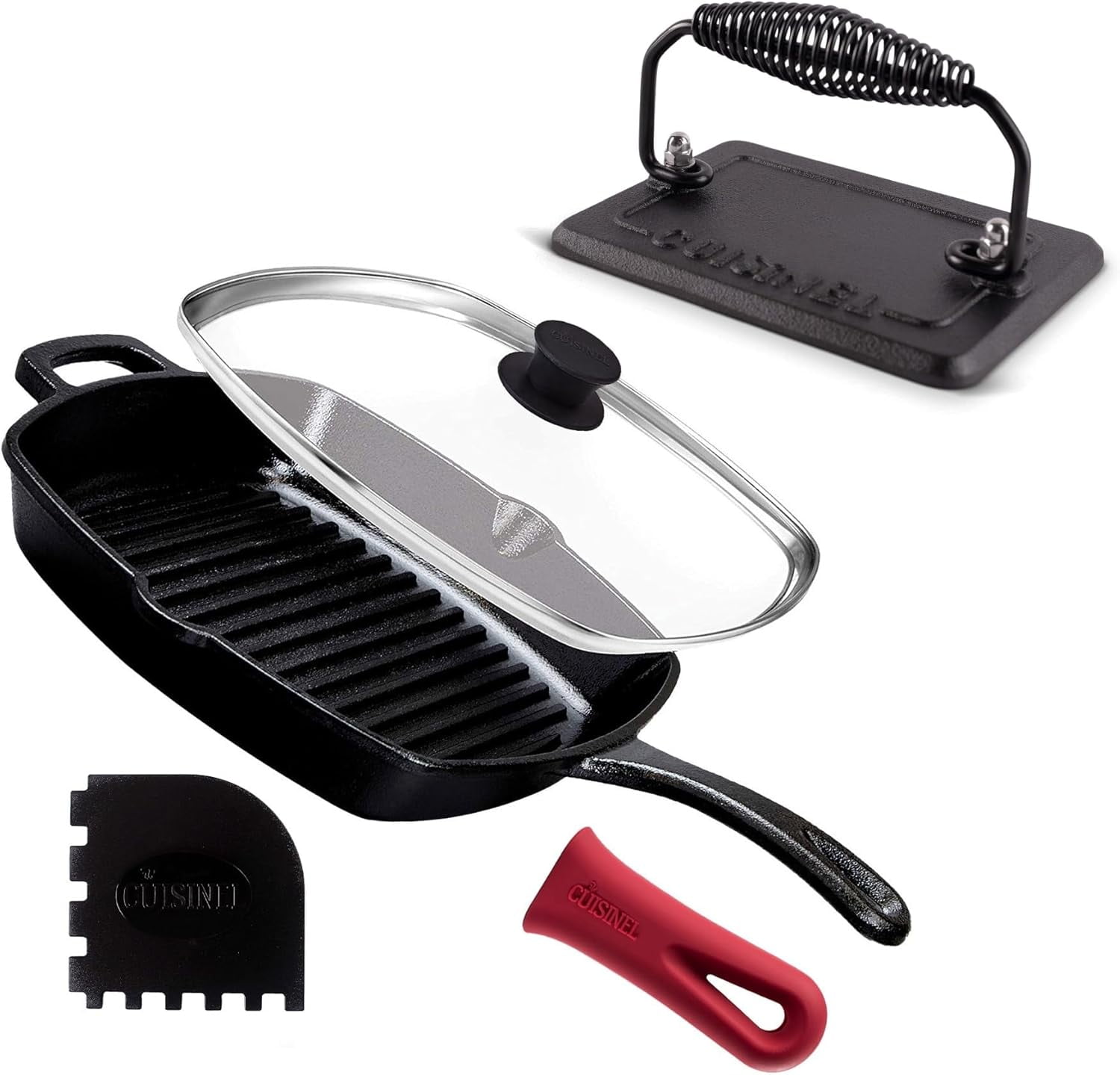 Cast Iron Square Grill Pan + Glass Lid + Pan Scraper + Handle Cover 10.5" PreSeasoned Ridged