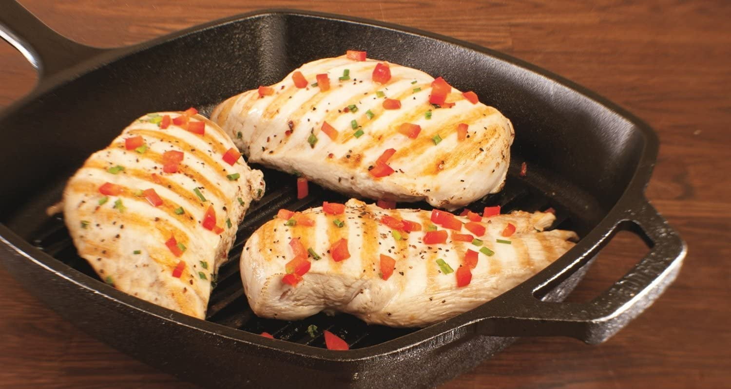 Cast Iron Square Grill Pan with Red Silicone Hot Handle Holder, Pre-Seasoned, 10.5-inch