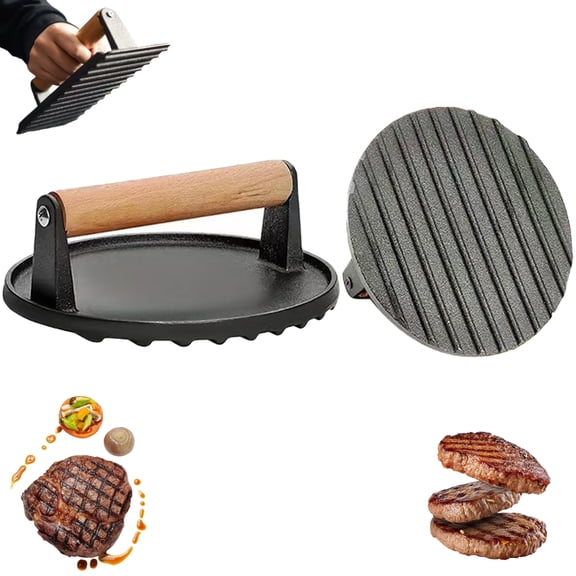 Cast Iron Steak & Burger Press with Wooden Handle Even Heat Distribution, Perfect Grill Marks & Easy Clean Thickened Uncoated Meat Press for Burgers, Steaks, BBQ, Professional Griddle Press Tool