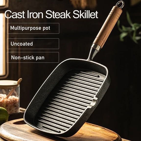 Cast Iron Steak Grill Pan with Striped Ridges & Thick Wooden Handle, Natural Non-Stick Skillet for Steak Pancakes Eggs, Durable Cookware Fit Gas Stove Indoor Cooking & Outdoor Camping