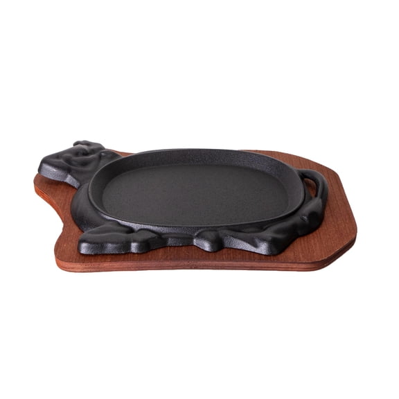 Cast Iron Steak Plate Sizzle Griddle With Wooden Base Steak Pan Fajita Grill Plate (Cow Shaped 10 inch)